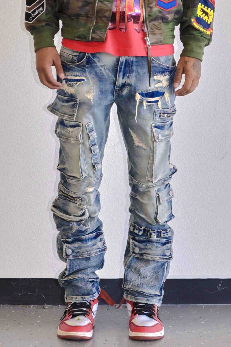 First Row “Utility Cargo” Denim Pants