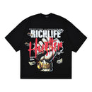 Black t-shirt with 'Richlife Hustler' graphic design on a white background