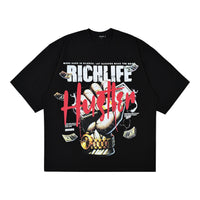 Black t-shirt with 'Richlife Hustler' graphic design on a white background
